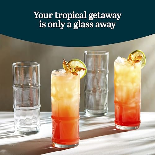 Libbey Tiki Bamboo Highball Drinking Glasses Set of 4, Iconic 16 Oz Tall Cocktail Glasses, Modern Drinking Glass Cups for Backyard and Summer Parties
