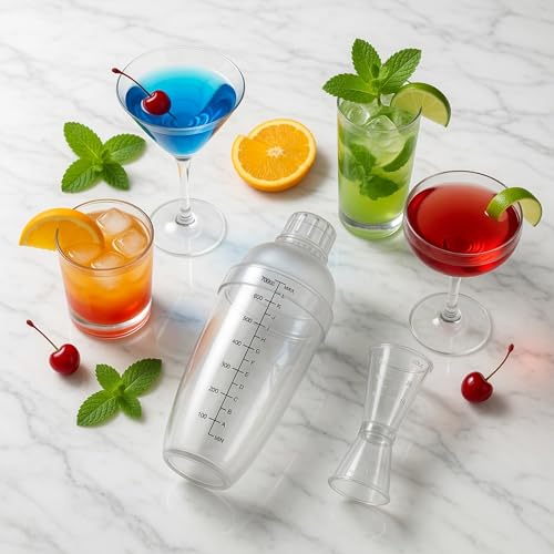 Homestia 3 Pack Plastic Cocktail Shaker Set - 24oz 700ml Drink Mixer with Built-in Strainer Extra Cap, Recipes Book, Leakproof Bartender Kit for Cocktails, Boba Tea, Milkshakes
