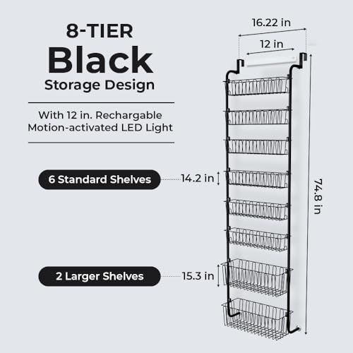 HOKOSFOKOS Over Door Organizer Storage - 8 Tier Black Metal Over the Door Pantry Organizer Heavy Duty Hanging Storage Rack, Behind Cabinet Shelves for Home, Kitchen, Bathroom, Closet, Pantry.