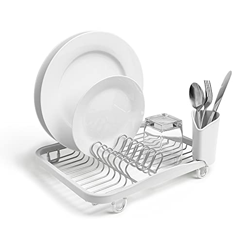 Umbra Sinkin Dish Drying Rack – Drainer Caddy with Removable Cutlery Holder – Use in Sink or On Counter, Standard, White/Nickel