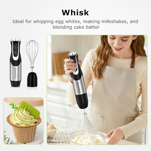 Bonsenkitchen 4-in-1 Immersion Blender Handheld with Food Processor, 12 Speeds Hand Blender with Turbo Mode, Stainless Steel Blade, Egg Whisk, Beaker & Chopper Bowl, Stick Mixer for Smoothie, Puree
