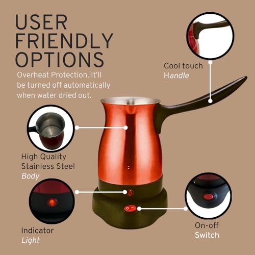 Aleppo Cuisine Electric Turkish Coffee Maker Kettle Pot Stainless Steel Cool Touch Handle Travel Size, Fast Boil & Keeps Water Boiling for Arabic & Greek Coffee, Tea 0.3L (RED)