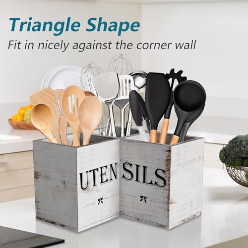 Suli Extra Large Utensil Holder with 3 Compartments,Corner Kitchen Shelf,Wooden Utensil Organizer for Kitchen Countertop, Farmhouse Decor, Rustic Cooking Utensil Storage- White grain