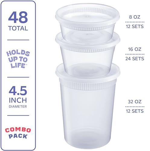 GUSTO To Go Food Containers with Lids [8 oz, 16 oz, 32 oz - 48 Count] - Deli Plastic Food Storage Containers with Lids for Meal Prep, Leftovers, and Freezer Storage - Formerly Comfy Package