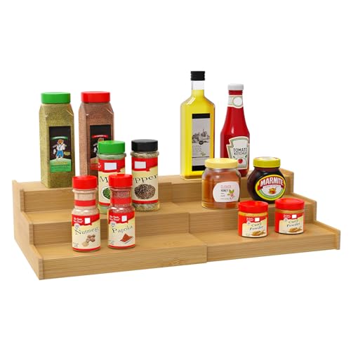 Lenwi Spice Rack Organizer for Cabinet, 3 Tier Expandable Bamboo Spice Storage for Kitchen Cupboard Pantry
