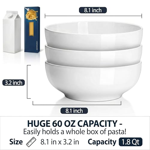 DELLING 60 Oz Large Serving Bowls Set of 3, 8 Inch White Ceramic Mixing Bowls - Soup Salad Pasta Ramen Bowls for Kitchen, Microwave Dishwasher Safe, Porcelain