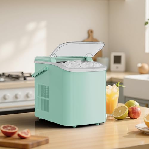Sweetcrispy Countertop Ice Maker with Scoop, Basket and Handle, Portable Ice Machine 9 Cubes Ready in 6 Mins, 26.5lbs in 24Hrs, 2 Sizes for Home Kitchen Office Bar Party, Green