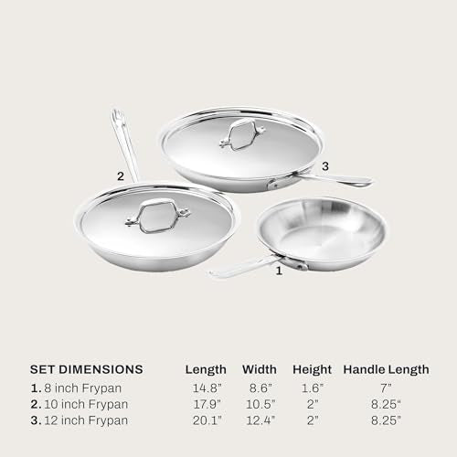 All-Clad D3® Stainless Steel 5 Piece Frypan Set- Made in USA- Includes 8", 10" and 12" Frying Pans With Lid - Professional Grade -Oven Safe & Induction Compatible