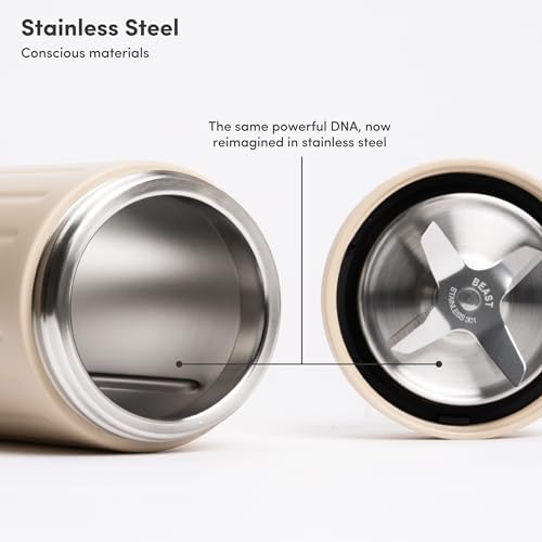Beast Mighty 850 Stainless Steel | Compact Personal Blender | Extra Vessels | Keeps Blends Cold | Smoothies, Shakes, Sauces, Dips | Portable Straw Caps and Lids | 850W (Sand)