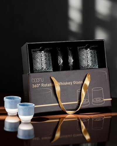 CEEFU Old Fashioned Whiskey Glasses with 360° Rotating Base, Set of 2 (2 Crystal Glasses Set, 2 Big Ice Ball Molds) In Gift Box - Bourbon, Cocktail, Rocks, Bday Gifts Ideas for Men, Gem Pattern