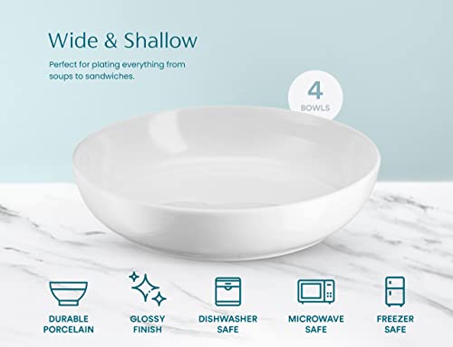 KooK Pasta Bowl, Salad Bowls, Bowls, Serving Bowls, Soup, Ceramic, Large Capacity, Microwave & Dishwasher Safe, Set of 4, 40 Oz, (White)