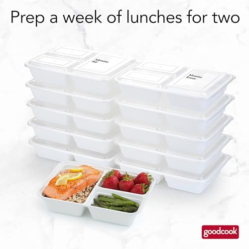 GoodCook Food Storage Containers for Meal Prep Rectangle Three Compartments & Made without BPA, 20-Piece, White