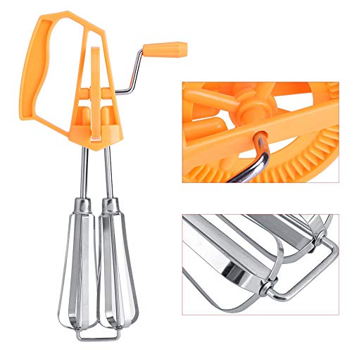 Jerliflyer Beaters hand crank,stainless steel manual mixer semi automatic push rotary whisk blender for quick rotation making cream（orange）