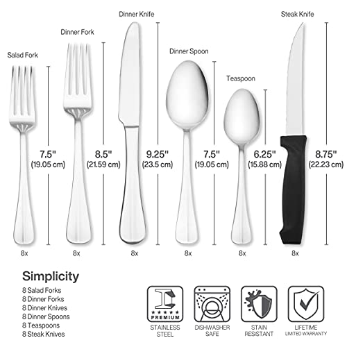 Pfaltzgraff Simplicity 53-Piece Flatware Set, 18/0 Stainless Steel Silverware Set for 8 with Serving Utensils, Classic Dining Cutlery for Everyday Use and Entertaining