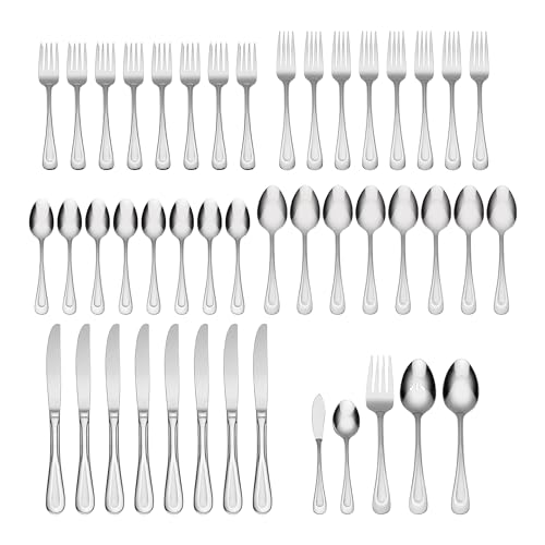 Oneida Silverware Set For 8, Satin Sand Dune 45-Piece Everyday Flatware Set with Serving Utensils, Service For 8, 18/0 Stainless Steel Silverware, Knives Spoons and Forks (Silver, 45 Piece)