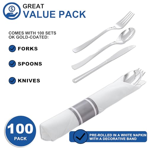 Joyido 400PCS Pre Rolled Silver Plastic Silverware Sets - Heavy Duty Silver Cutlery - Include 100 Pack Wrapped Disposable Utensils with Napkins for Parties & Dinners & Weddings