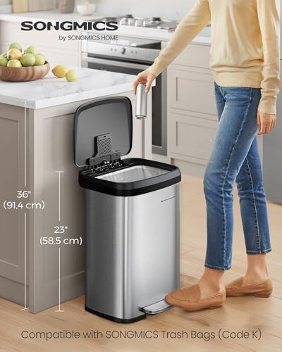 SONGMICS Kitchen Trash Can, 13 Gallon (50 L) Stainless Steel Garbage Can, with Stay-Open Lid and Step-on Pedal, Soft Closure, Tall, Large and Space-Saving, Silver and Black ULTB530E50