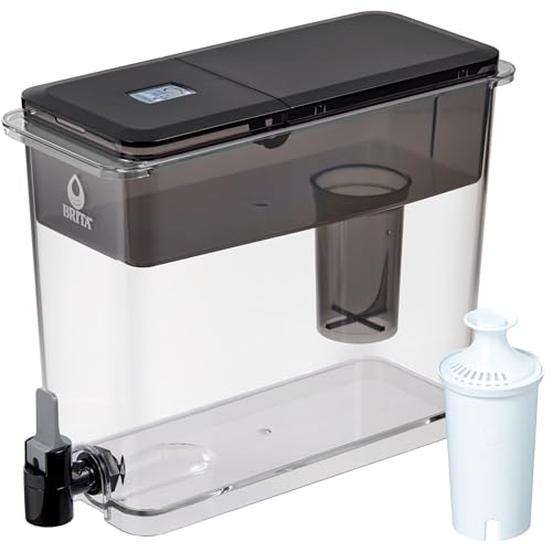 Brita Extra-Large 27-Cup Water Dispenser with BritaPlus Filter, WQA NSF/ANSI Certified, Reduces 2X Contaminants vs. Standard, Reduces Chlorine, Zinc, Copper, Mercury & More, 1 Filter Included, Black