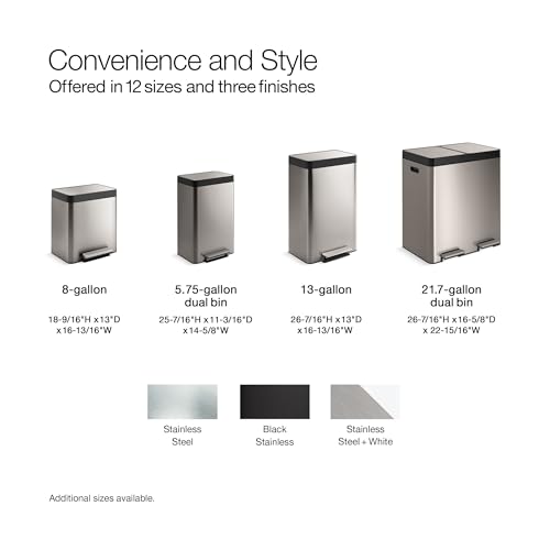 Kohler 20941-ST 8 Gallon Tall Hands-Free Kitchen Step Can, Trash Can with Foot Pedal, Quiet-Close Lid, Stainless Steel