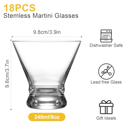 USEEKRI 18PCS Stemless Martini Glasses bulk Set, 8oz Crystal Clear Cosmopolitan Glasses for Margarita, Manhattan, Heavy Base Short Martini Glasses for Home Bar & Parties