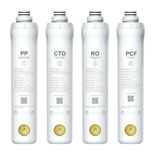 Bluevua Official RO100ROPOT 4-Pack Replacement Filter Set, Pack of 1 PP Filter and 1 CTO Filter and 1 RO Filter and 1 PCF Filter