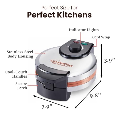 Elite Gourmet Belgian Waffle Maker with PFAS-Free CeramiCrisp™ Ceramic Nonstick Plates, Adjustable Browning Control, 1100W Heating, Power & Ready Indicator Lights, Vertical Storage, Stainless Steel