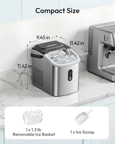 EUHOMY Ice Maker Countertop, Portable Ice Machine with Carry Handle, 26.5lbs Per Day, 9 Cubes in 6 Mins, Auto-Cleaning, with Basket and Scoop, for Home, Kitchen, Camping, RV (Silver)