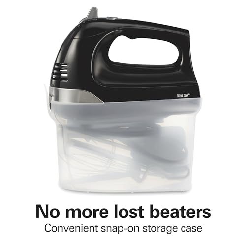 Hamilton Beach 6-Speed Electric Hand Mixer with Whisk, Dough Hooks and Easy Clean Beaters, Powerful 275 Watt Motor, Snap-On Storage Case, Black