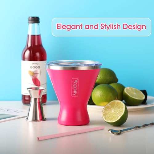 Yagady Stainless Steel Martini Tumbler with Lid & Cuttable Silicone Straw - 10oz Vacuum Sealed Insulated Martini Glass - Elegant Design Margarita Glass for Perfectly Chilled Drinks (Red)