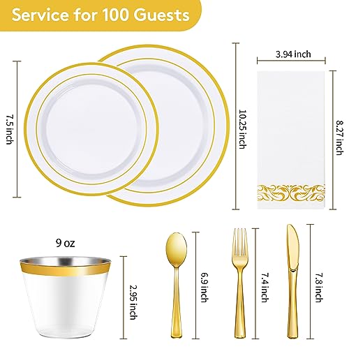 Goodluck 700 Pieces Gold Dinnerware Set for 100 Guests, Disposable for Party, Include: 100 Gold Rim Dinner Plates, 100 Dessert Plates, 100 Paper Napkins, 100 Cups, 100 Plastic Silverware Set