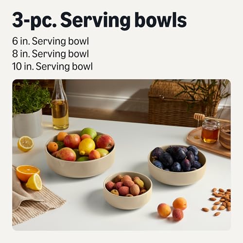 Amazon Basics Glazed Stoneware Serving Bowls, 3-Piece Set, Dishwasher-Safe, Microwave and Freezer-Safe, Nest for Space-Saving, Linen Gray