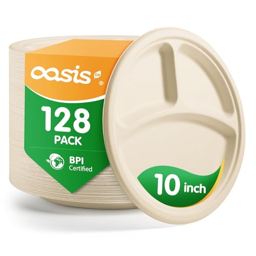 OasisSN 𝟭𝟬 𝗶𝗻𝗰𝗵, 𝟭𝟮𝟴-𝗣𝗮𝗰𝗸 3-Compartment Disposable Paper Plates, Compostable Heavy-Duty Divided Plates for Meal Prep, School Lunches & Party Buffets (Natural)