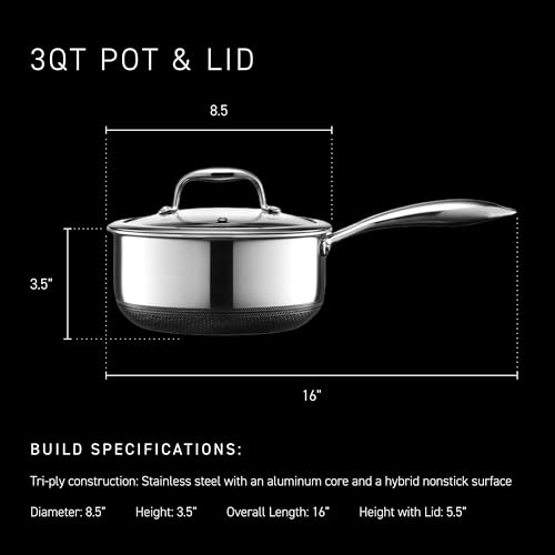 HexClad 3 Quart Hybrid Nonstick Sauce Pan Pot with Lid, Stay-Cool Handle, Dishwasher Safe, Induction Ready, Compatible with All Cooktops
