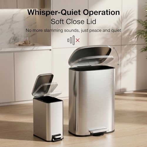 ZABINS 13 Gallon Trash Can (50L) and 1.6 Gallon (6L) Kitchen Trash Can Combo Set, Stainless Steel Garbage Can with Lid and Step-on Pedal, Soft Close Waste Bin with Inner Bucket for Home & Office