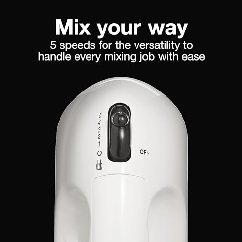 Proctor Silex Easy Mix 5-Speed Electric Hand Mixer with Bowl Rest, Compact and Lightweight, 100 Watts of Peak Power, White (62515PS)