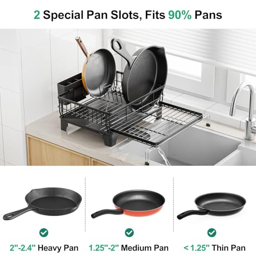 GSlife Expandable Dish Drying Rack for Kitchen Counter, Large Capacity 2-in-1 Rust Resistant Dish Drainer with Swivel Spout and Pull Out Over Sink Extension, 16.7" W x 12.6"-22.4" L, Black