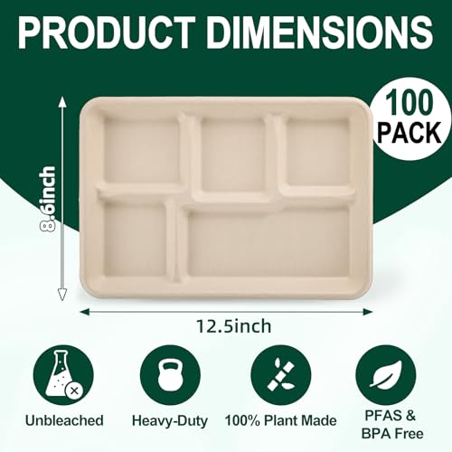 Tinybee 100% Compostable 5 Compartment Paper Plates 12.5 * 8.6 Inch [100-Pack] Heavy Duty Divided Disposable Eco-Friendly Bagasse Plates Lunch Trays for Buffet/Party/School (BPI-Certified) Nautral