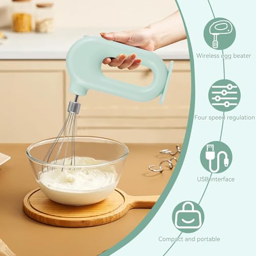 Cordless Hand Mixer Electric Handheld Mini Egg Beater 4 Speed Adjustable Mini Hand Mixer Electric Mixer, USB Charing, 1500mAh(Green)