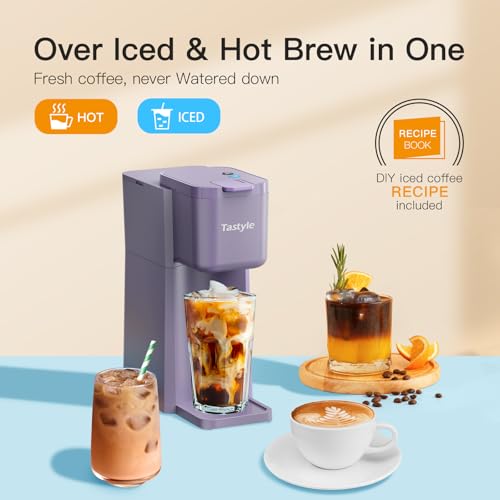 Tastyle Mini Hot and Iced Coffee Maker Single Serve, for K Cup and Ground, 6 to 14 Oz Brew Sizes, with Recipe Book, for Home, Travel, RV, Office and Dorm, Violet