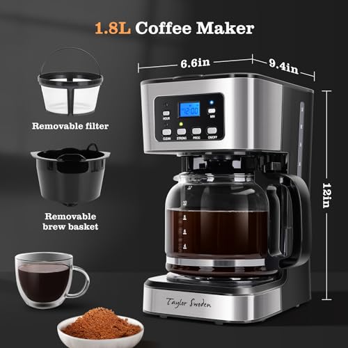 Taylor Swoden 12-Cup Programmable Coffee Maker, Regular & Strong Brew Drip Coffee Machine for Home and Office, Glass Carafe, Pause & Serve, Auto Shut Off, Black & Stainless Steel