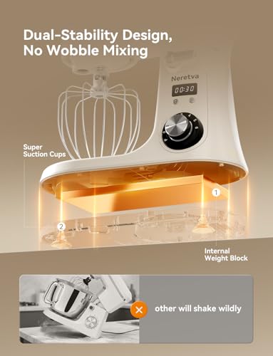 Neretva Stand Mixer, 6.34QT & 6 Speed Professional Mixers Kitchen Electric Stand Mixer Super Stable & Lower Noise Household Stand Mixer with Stainless Steel Bowl, Whisk, Flat Beater, Dough Hook -Beige