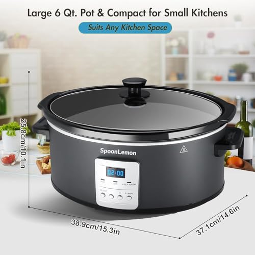 SpoonLemon 7QT Slow Cooker, Electric Programmable Cooker with 20H Timer & 3 Heat Settings, Oval Ceramic Pot — Ideal for Family Meals & Meal Prep, Compatible with 20 Count 13"x21" Cooking Liners