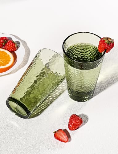 Amyoole Drinking Glasses Set of 8,16oz Green Highball Water Glasses,Stackable Lead-Free Hammered Glass Cups,Kitchen Drinkware Glassware for Cocktail,Beer,Juice,Iced Tea,Margaritas and Mixed Drinks
