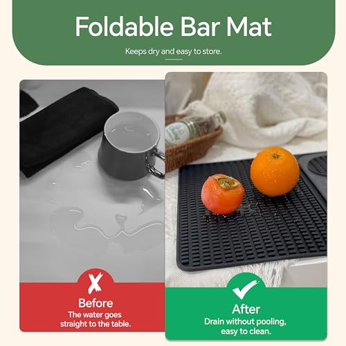 Bar Mat, Bar Accessories, Multifunctional Folding Cocktail Mat with Cutting Board, 18" X 12"(Black) Drying Mats,Bar Mat for Countertop,Bar Decorations for Home , Outdoor Bar Accessories ,Travel