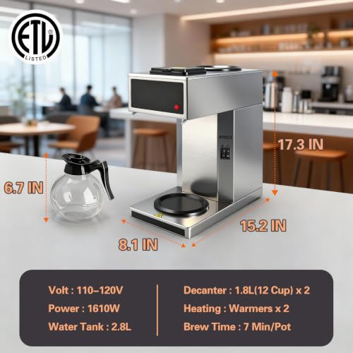 VONCI 1610W Commercial Coffee Maker, 12 Cup Drip Coffee Machine, 2 Glass Carafes and 2 Warmers, Stainless Steel Housing & Funnel, Industrial Coffee Maker for Offices, Hotels, Home