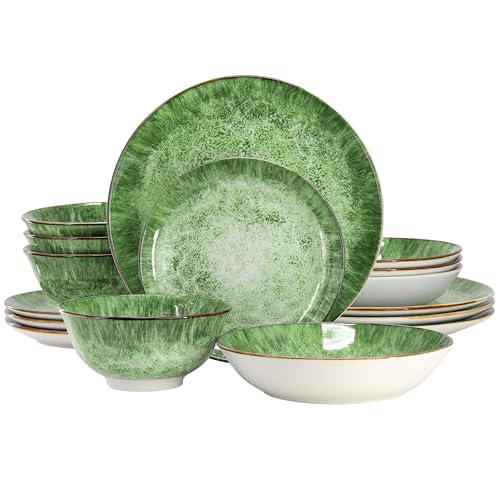 Elama Oceanus 16 Piece Round Shape Porcelain Double Bowl Dinnerware Set, Tableware Set, Table Setting- Service for 4 (Green)