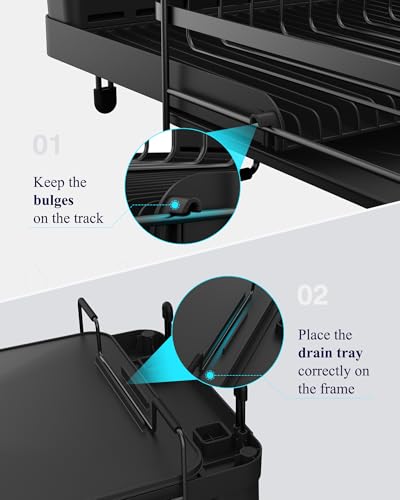Kitsure Large Dish Drying Rack - Extendable Dish Rack, Multifunctional Dish Rack for Kitchen Counter, Anti-Rust Dish Drainers with Cutlery & Cup Holders 19.2"-26.7" L x 12.9" W, Black