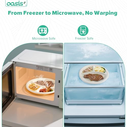 OasisSN 𝟭𝟬 𝗶𝗻𝗰𝗵, 𝟭𝟮𝟴-𝗣𝗮𝗰𝗸 3-Compartment Disposable Paper Plates, Compostable Heavy-Duty Divided Plates for Meal Prep, School Lunches & Party Buffets (White)