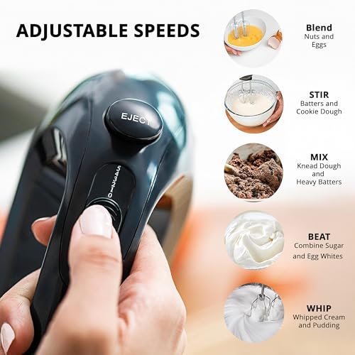 AIWA 5-Speed Hand Mixer with Eject Button, Electric Handheld Mixer for Cream, Batter, Eggs & Baking, Stainless Steel Beaters, Dishwasher-Safe, Lightweight Compact Design, Black