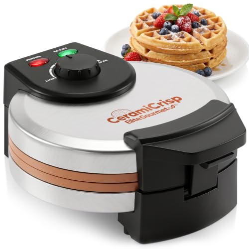 Elite Gourmet Belgian Waffle Maker with PFAS-Free CeramiCrisp™ Ceramic Nonstick Plates, Adjustable Browning Control, 1100W Heating, Power & Ready Indicator Lights, Vertical Storage, Stainless Steel